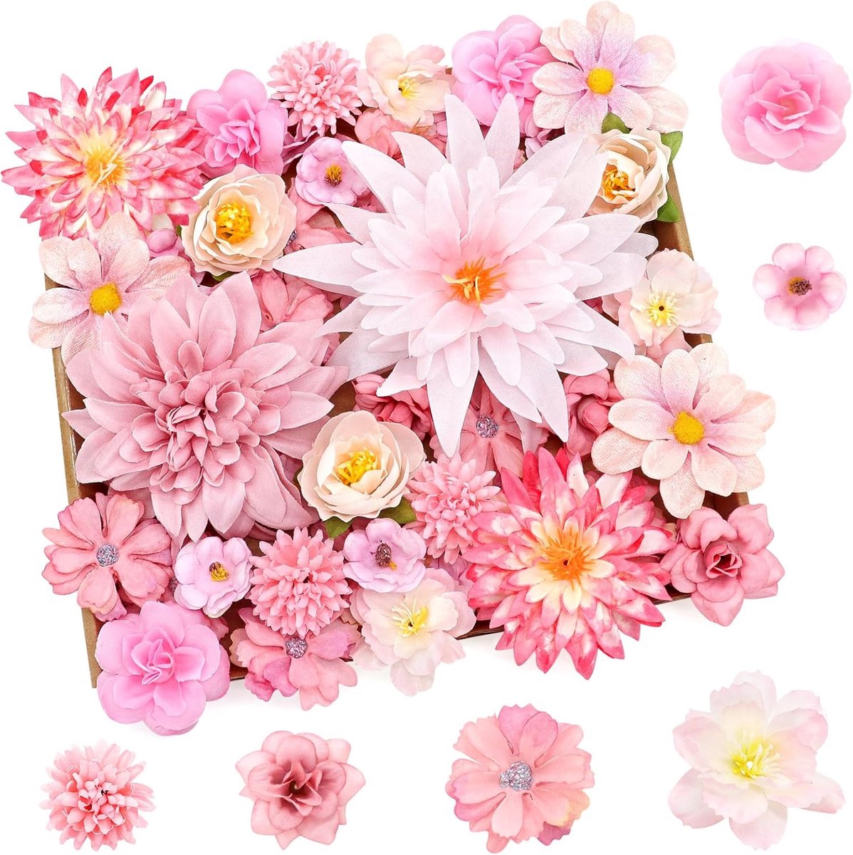 SnelShoppen - 50 Stuks Kunstbloemen voor Creatieve Knutselprojecten, 11 Soorten Decoratieve Bloemen, 3-13cm, Roze, Perfect voor Bruiloften, Feesten, T