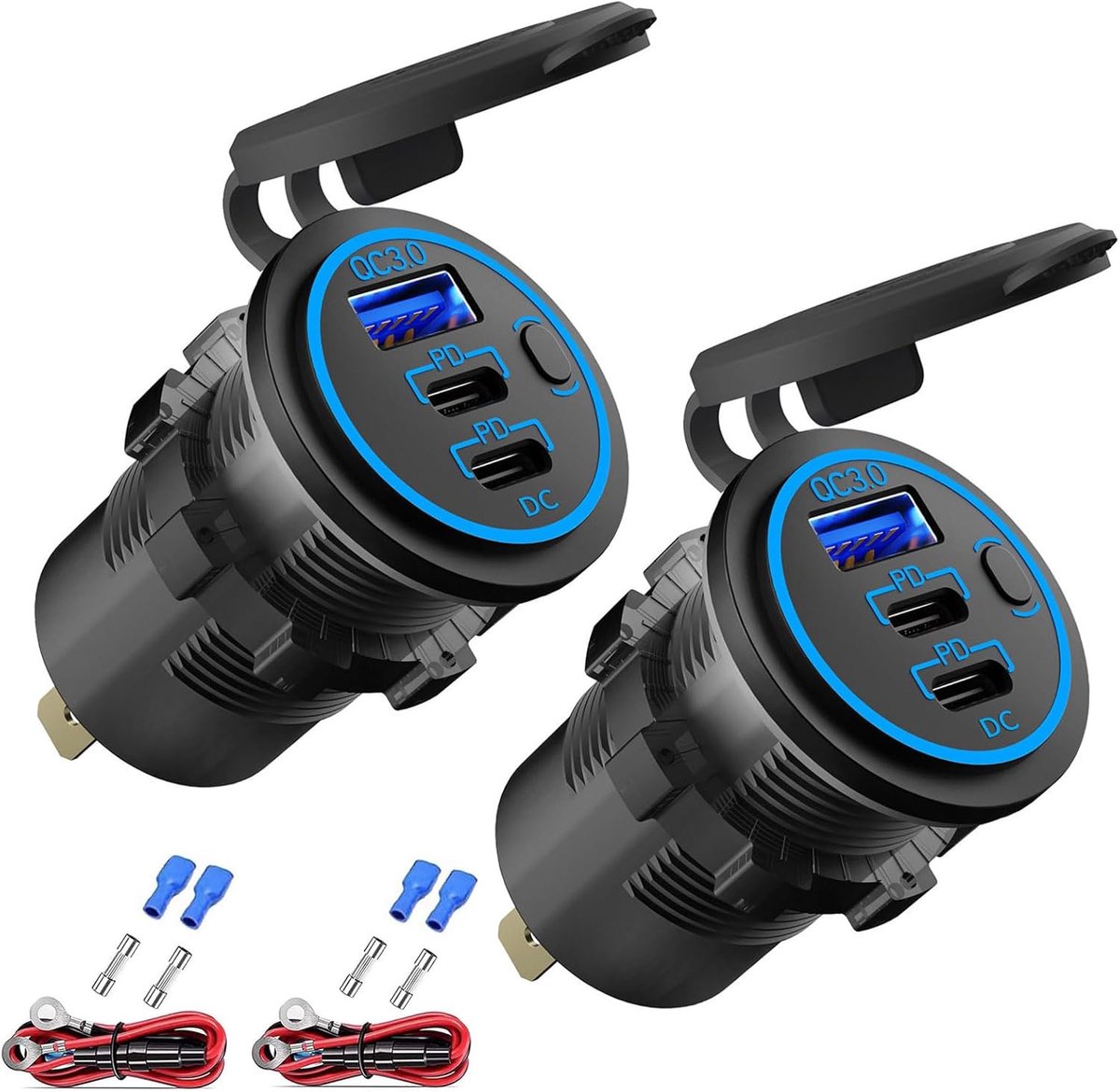 SnelShoppen - 12V USB Power Socket met Snoer, 3 Poorten, Dual PD3.0 USB-C en QC 3.0 Autolader met Aan/Uit Schakelaar, Snellader voor Mobiele Telefoons