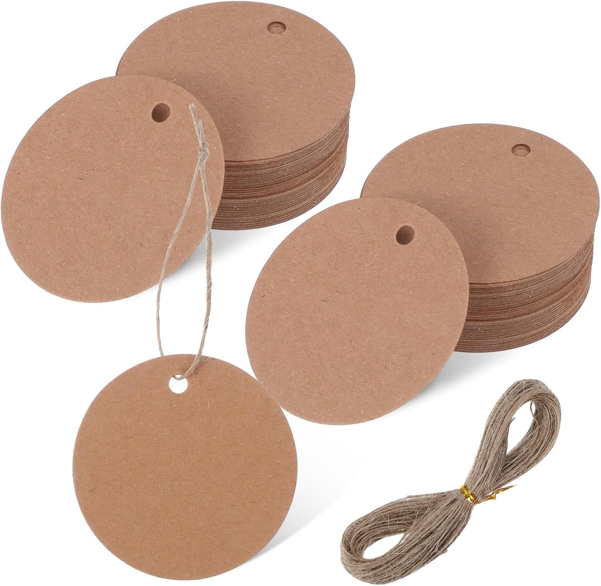 SnelShoppen - 100 Stuks Bruine Rond Gift Tags 5 cm met 20 m Jute Touw - Cadeau Labels voor Feest, Bruiloft, Kerst & Creatieve Projecten