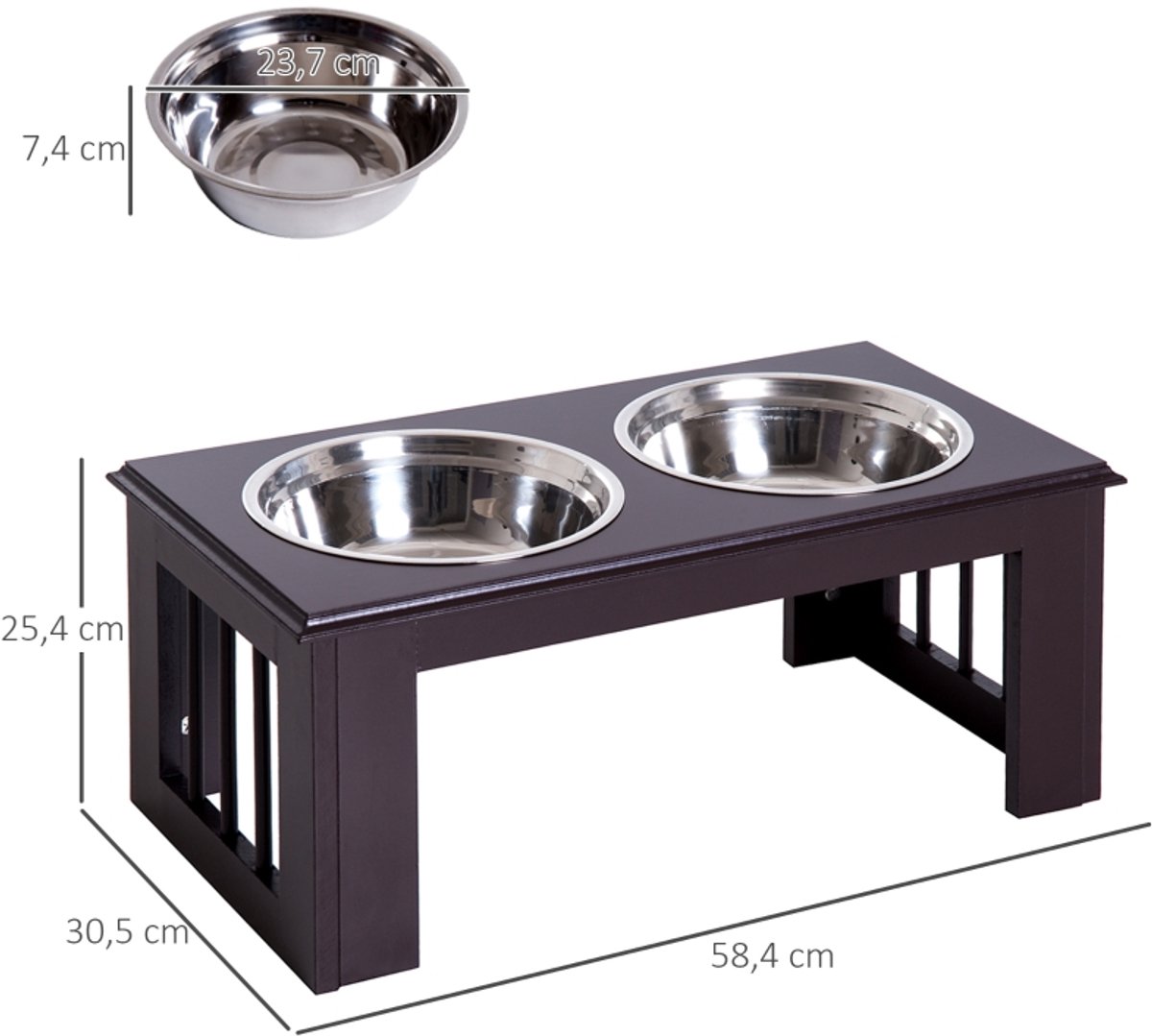 FloraGrace Voerbak – Verhoogd Dubbel Voerstation – 58,4 x 30,5 x 25,4 cm – RVS En MDF – Espresso – Voor Hond – Anti-slip