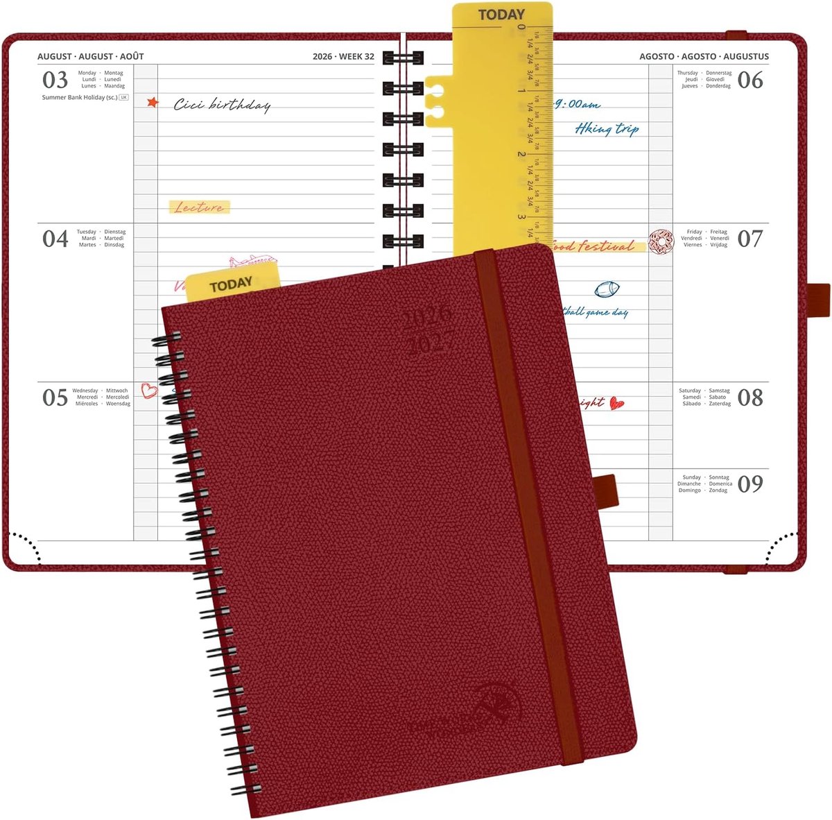 SnelShoppen - Agenda 2026-2027 - Horizontale Weekplanner A5 - 17 Maanden - Ringband - Softcover - Burgundy Rood - Perfect voor Organisatie en Plannen