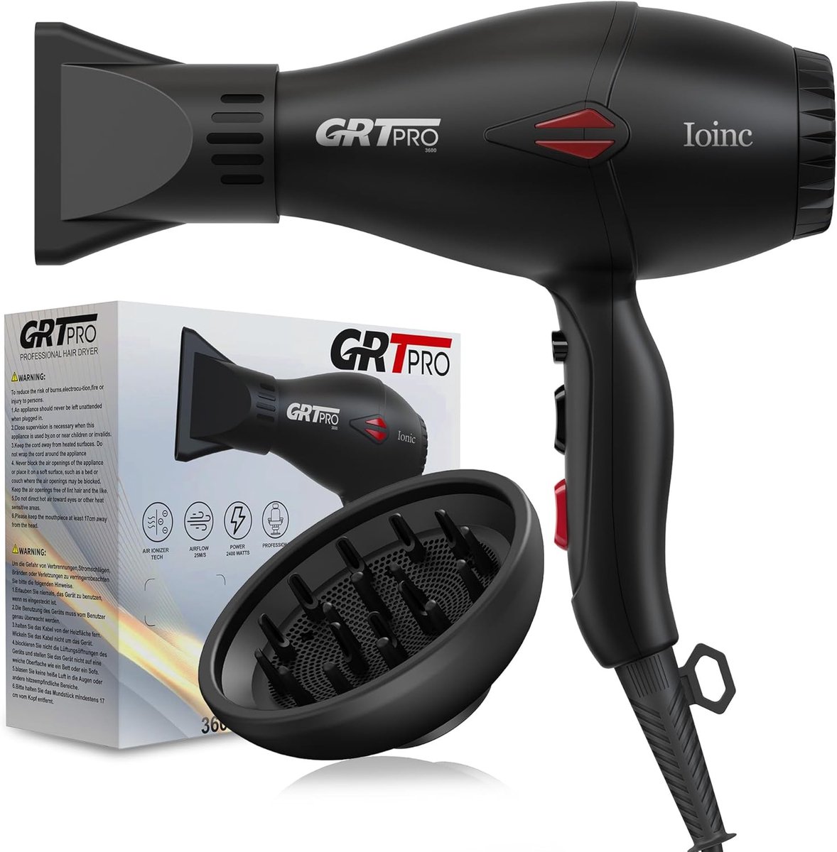 SnelShoppen - Professionele Haardroger 2400W Sneldrogen AC Motor, Ionen Haardroger met 1 Diffuser & 1 Mondstuk, 2 Snelheden 3 Warmtestanden Koelshot,