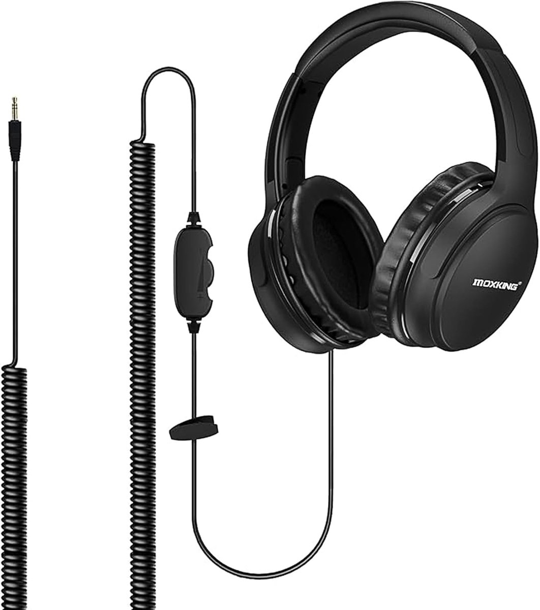 SnelShoppen - 19.5ft/6m Extra Lange Kabel Hoofdtelefoon voor TV en PC met Volumeregeling, Spiralen Kabel, 3.5mm AUX, Bedrade Over-Ear Hoofdtelefoons v