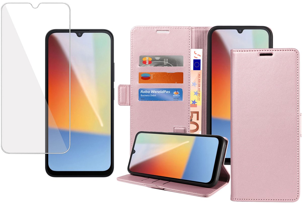 Book Case & Screenprotector geschikt voor Xiaomi Redmi A7 Pro Hoesje Screenprotector - Gehard Glas Cover + Magnetische Sluiting - Portemonnee Rose