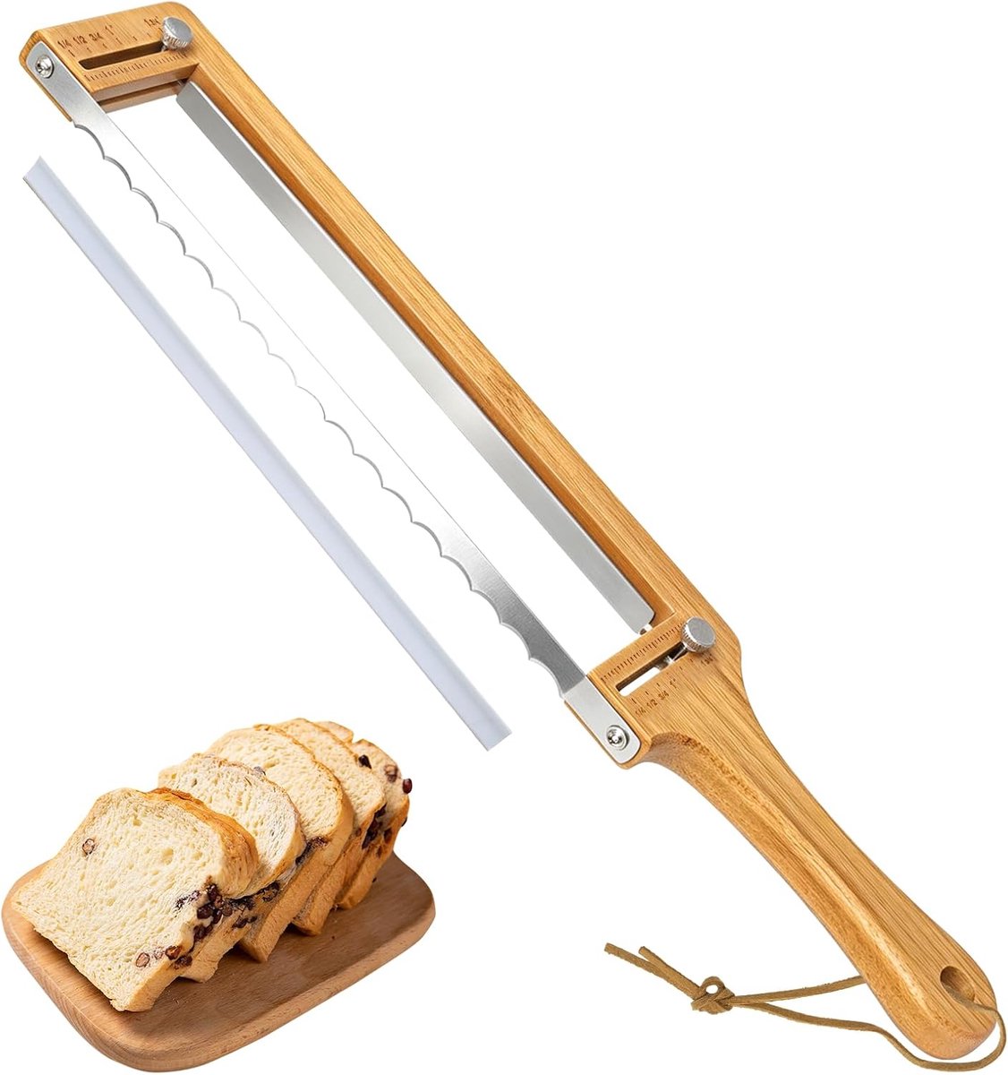 SnelShoppen - Gekarteld Broodmes met Verstelbare Broodsnijder en Bamboeframe - Ideaal voor Keuken, Feest, Camping en Broodliefhebbers