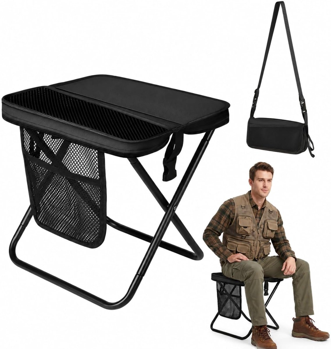 SnelShoppen - Opvouwbare Campingkruk Klapkruk 31x15x5 cm - Lichtgewicht Draagbare Tuinkruk met Telefoonvak en Opbergtas - Perfect voor Kamperen, Festi