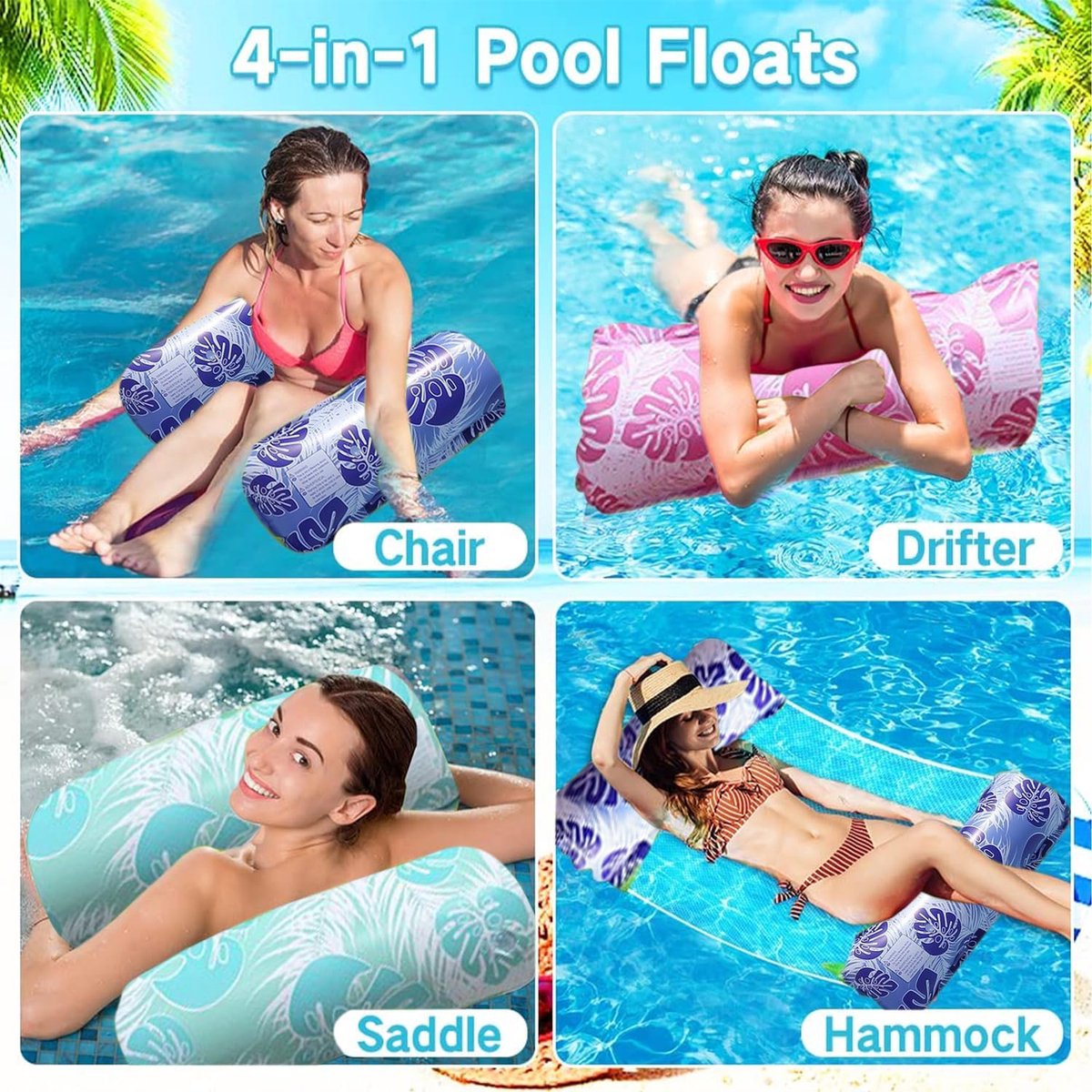SnelShoppen - Inflatable Hammock voor Zwembad - 4 in 1 Water Hammock, Lounge Chair, Opblaasbare Zwembad Float, 3 Stuks + Pomp, Premium PVC, Zomer, Str