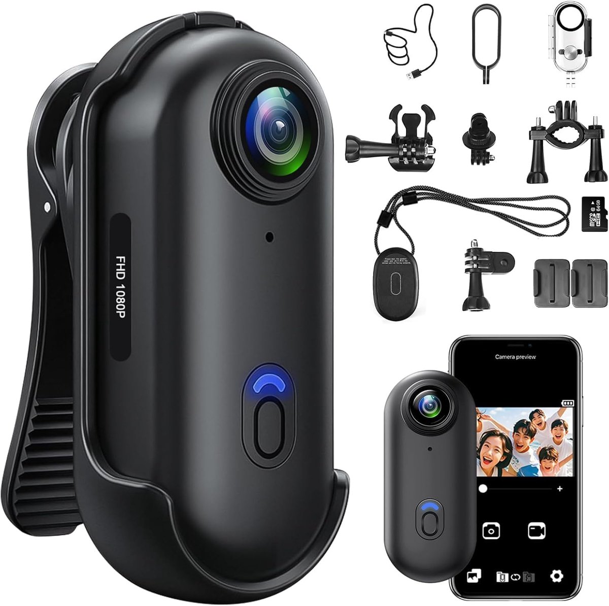 SnelShoppen - Mini Actie Camera, Draagbare HD 1080P Body Camera, WiFi Motorfiets Camera met Magnetische Helmcamera, 360° Draaiende Clip & Waterdichte