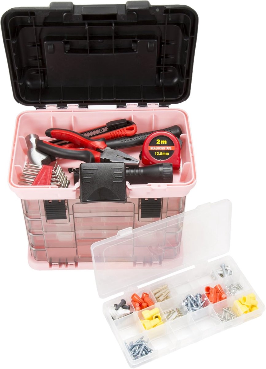 SnelShoppen - Duurzame 4-compartimenten Toolbox Organizer voor Gereedschap, Visspullen, Kralen en Haaraccessoires in Roze - Stevige Kunststof Construc