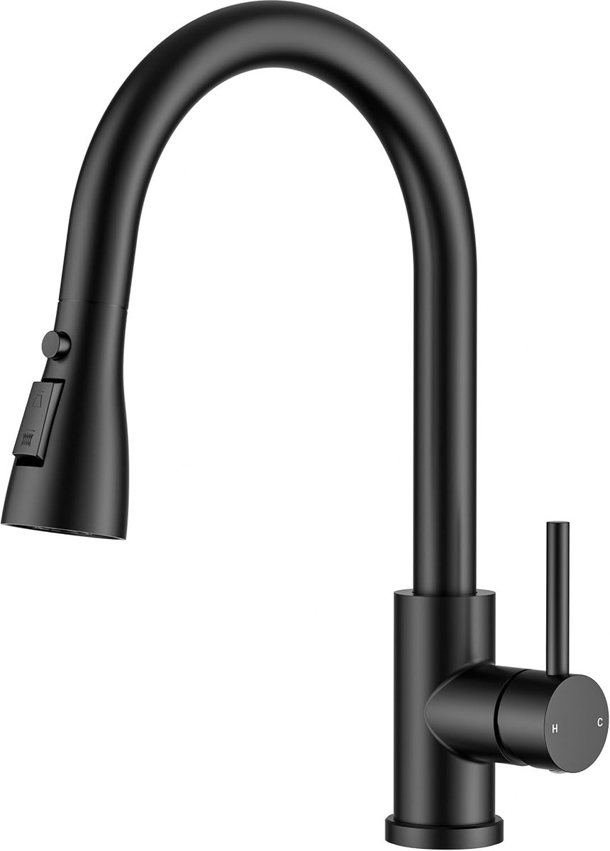 SnelShoppen - Keuken Kraan met Uittrekbare Sprayer, 360° Draaibare Mengkraan, Geschikt voor Hoge Kranen, 2 Waterstraal Types, Mat Zwart RVS