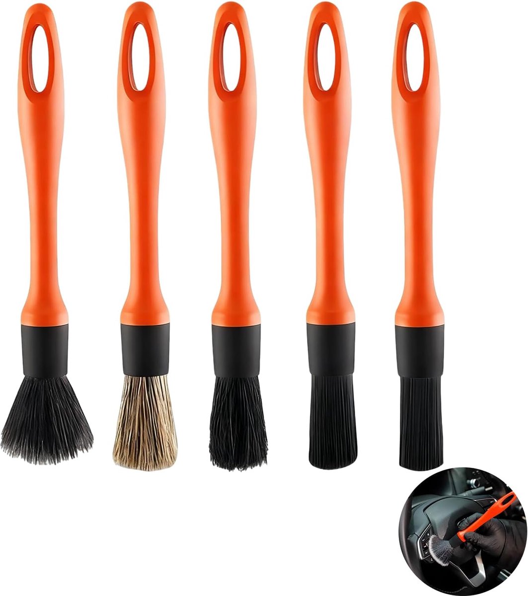 SnelShoppen - Detailing Auto Borstel Set van 5 Professionele Reinigingsborstels voor Binnen en Buiten, Multi-Purpose voor Vleugels, Dashboard, Ventila