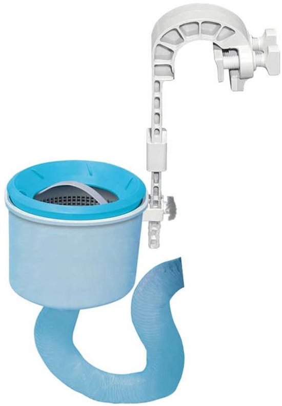 Witte en blauwe oppervlakteskimmer met verstelbare klem en flexibele slang, op witte achtergrond.