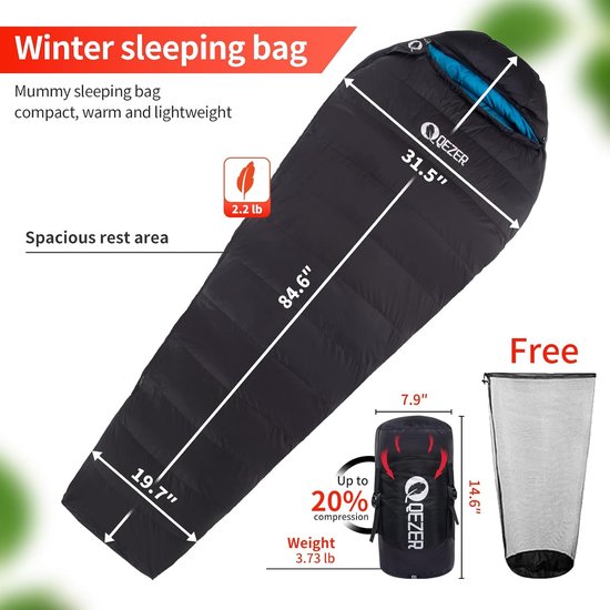 SnelShoppen - Donzen Warme Winter Slaapzak Buiten -8°C tot -23°C Mummie Slaapzak voor Volwassenen en Tieners, Lichtgewicht en Compact voor Kamperen en van Snelshoppen — afbeelding 3
