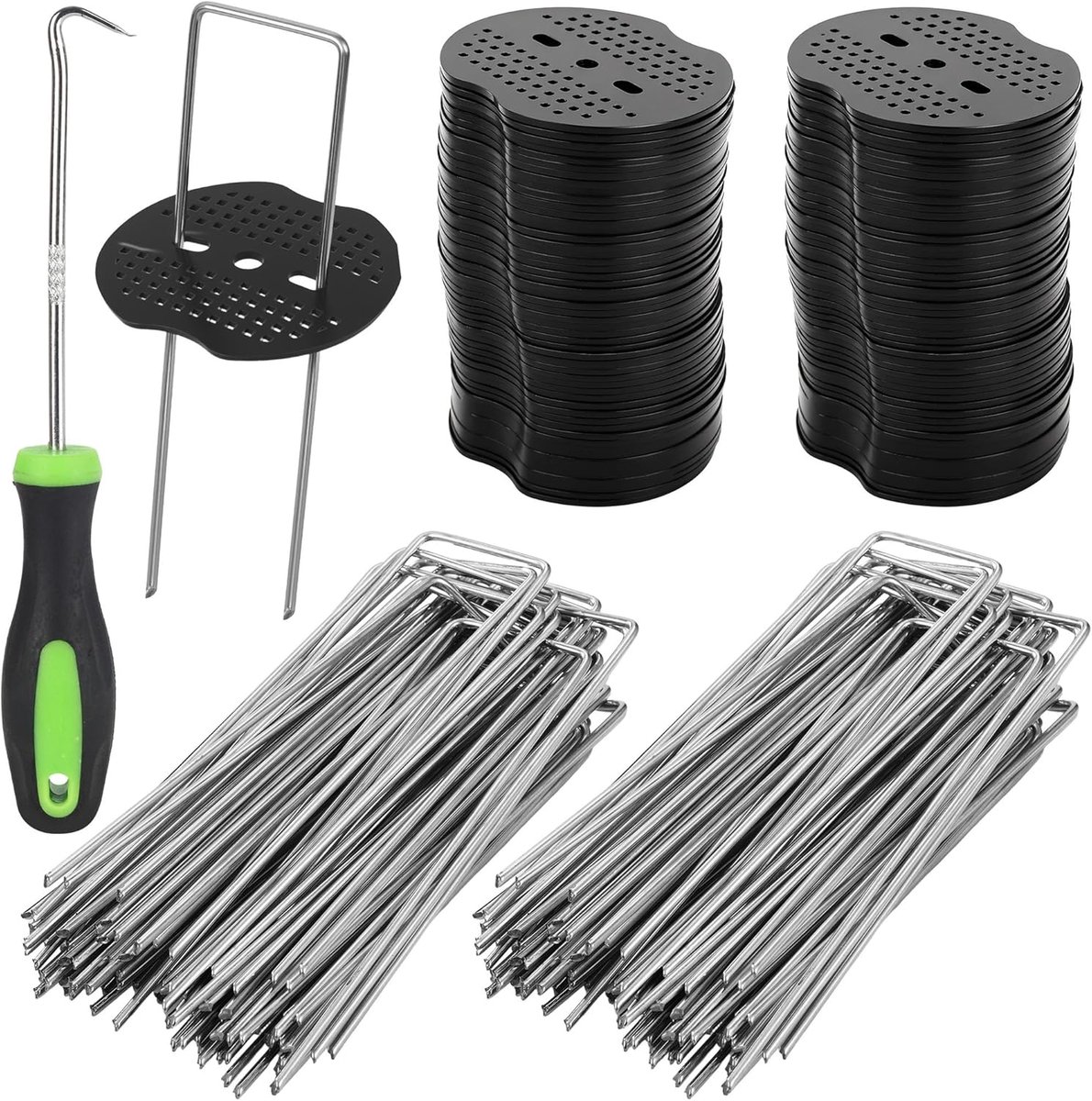 SnelShoppen - 50 Stuks Weed Cloth Ground Anchors met 50 Wasmachines en Haak - U-vormige Grondpennen 150x40mm - Ø2.5mm voor Tuin, Kunstgras, Camping, P