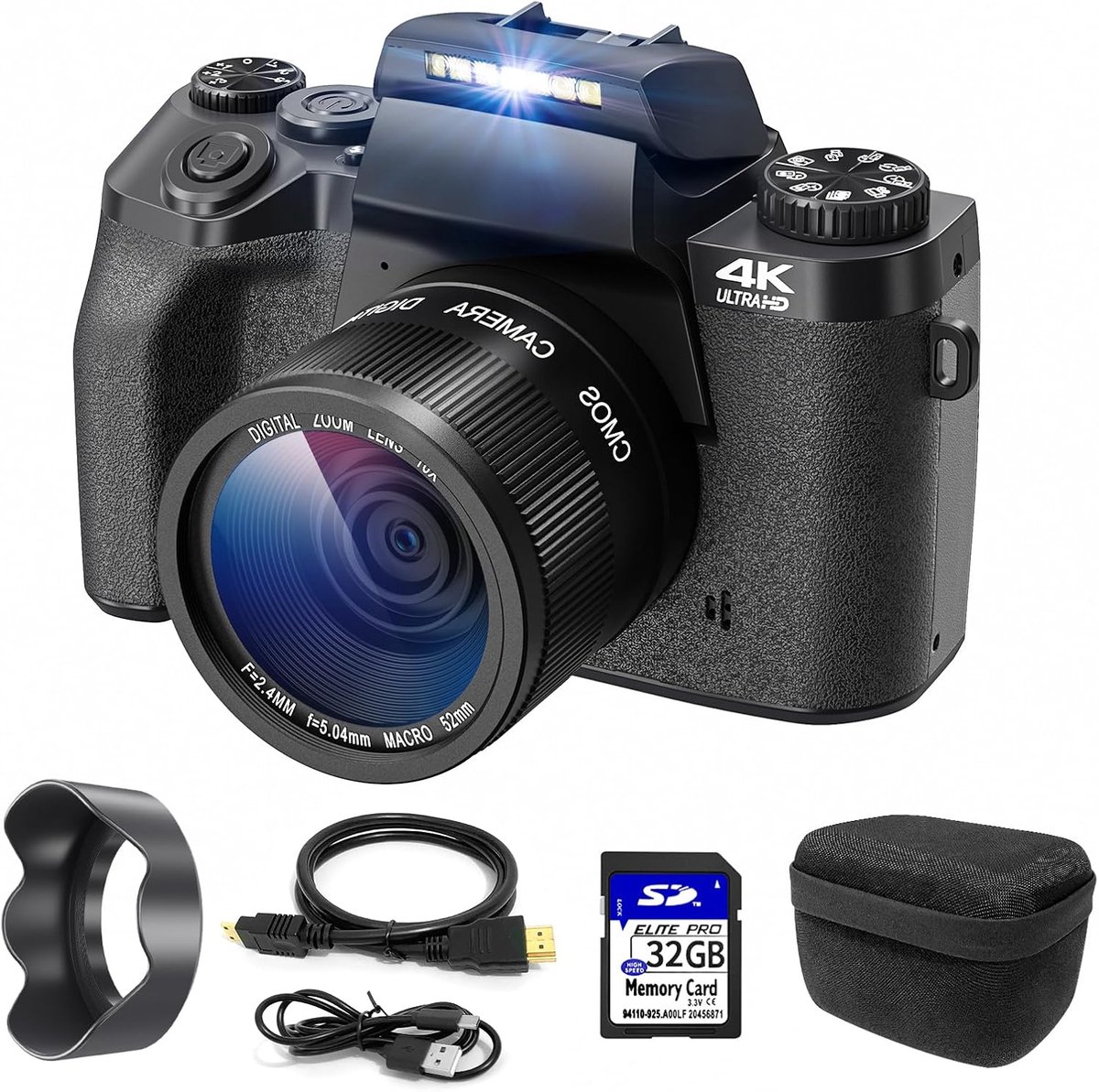 SnelShoppen - Digitale Camera 4K 64MP Compact met 16x Zoom, 3.0 Inch Touchscreen, Wifi, 32GB TF-kaart, Cameratas en Kap, Zwart - Perfect voor Feesten,