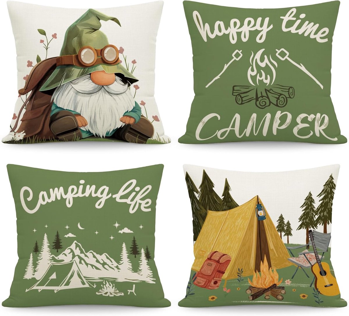 SnelShoppen - Set van 4 Kussenhoezen 45x45cm met Tuinkabouters, Outdoor Decoratieve Kussens voor Camping, Tuin, Sofa en Slaapkamer, Premium Katoen-Lin