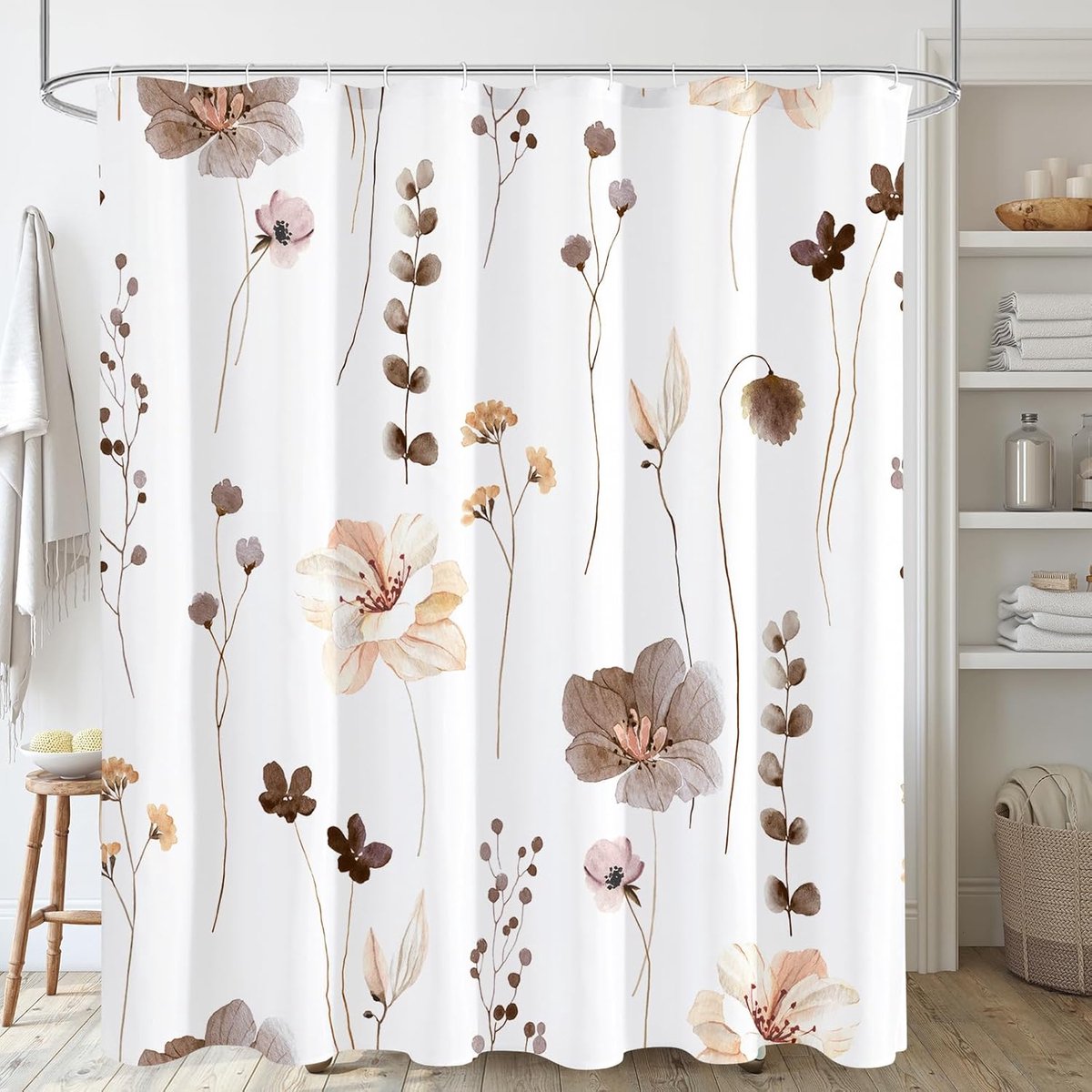 Douchegordijn - Douchegordijn Anti Schimmel - Antibacterieel - Badkamergordijn - Bruine bloemen - Wasbaar - Met 12 Ringetjes - Geschikt voor badkamer en badkuip - 180 x 200 cm