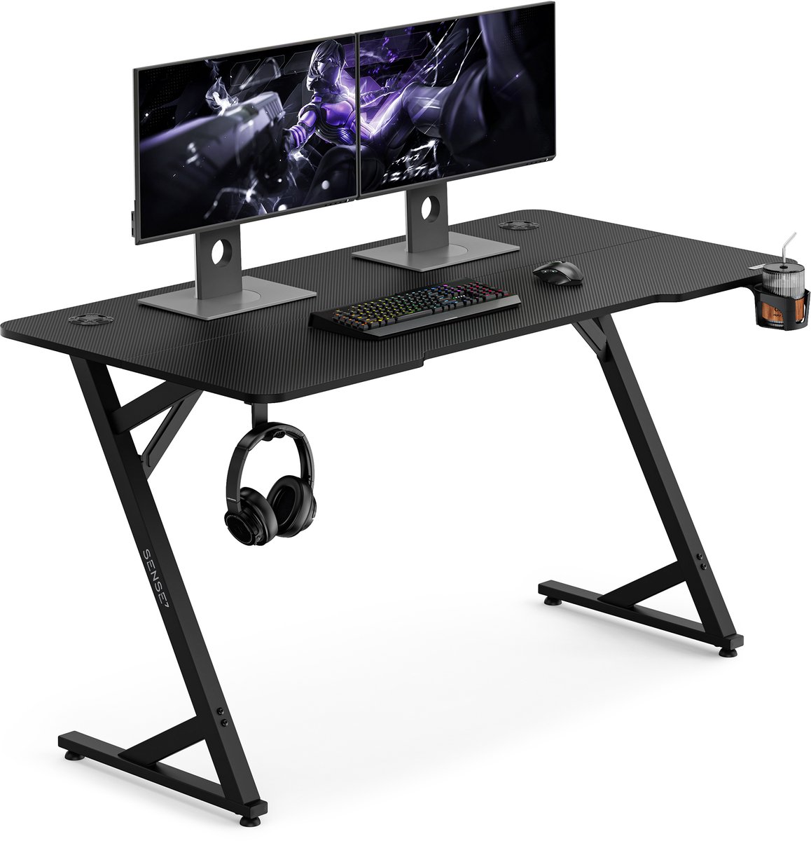 SENSE7 VAMO - Gaming Bureau - 140x70cm - Bekerhouder & Koptelefoonhaak - Computertafel - Zwart Carbon