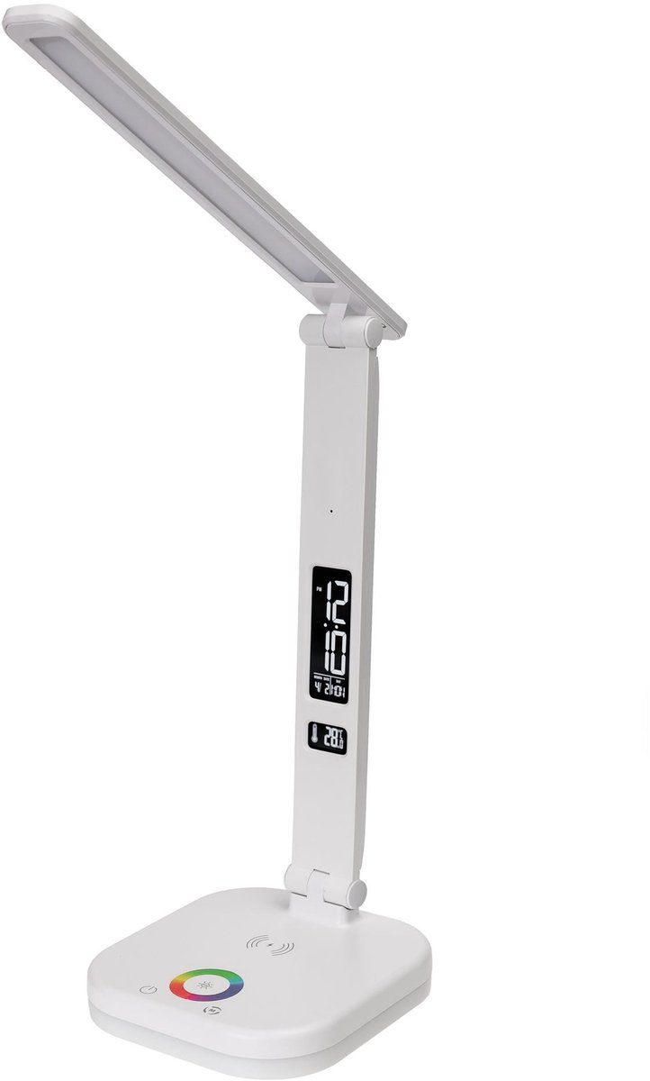 Platinet Bureaulamp LED - Draadloze oplader 5W - Wekker & Thermometer - Geschikt voor Smartphones - Wit