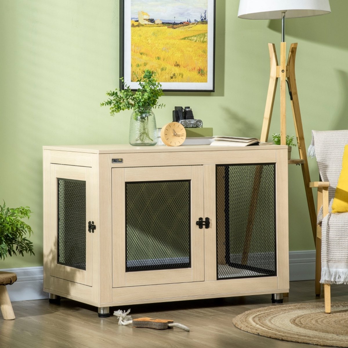 MIVRAY Hundebox – Afsluitbaar Met 2 Deuren – 94 x 60 x 71,5 cm – Staal en Spaanplaat – Eikenkleur en Zwart – Veilige Rustplek