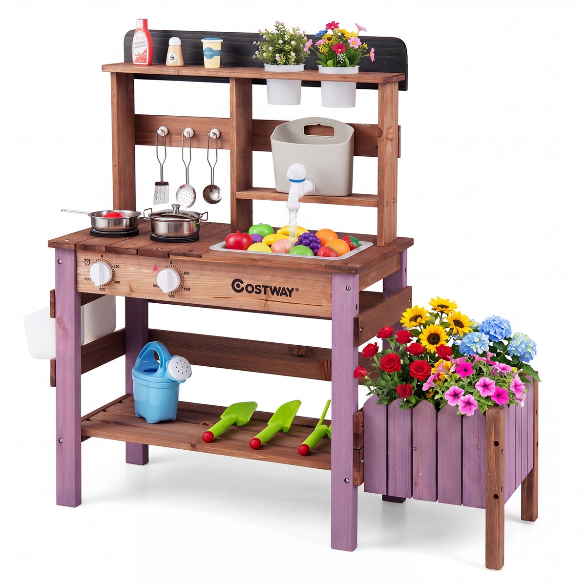 COSTWAY Modderkeuken voor kinderen, outdoor, met waterreservoir en potten, vanaf 3 jaar | Dennenhout, met kraan en spoelbak, plantenbak en bloempot, incl. 15 accessoires, voor creatief rollenspel