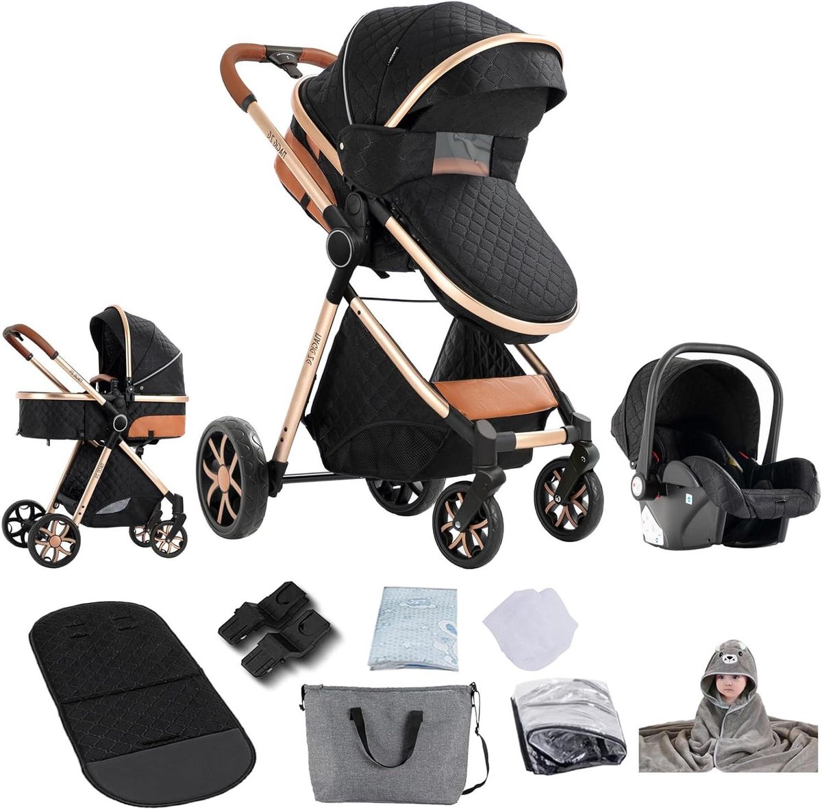 Kinderwagen 3-in-1 - Babyvervoerder Combi - Comfortabel Reizen - Dubbele Duwopties - 82 x 61 x 105 cm - Zwart