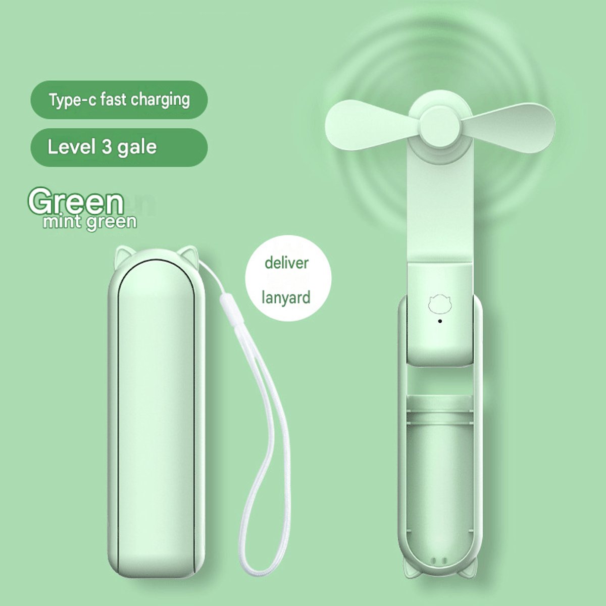 Draagbare miniventilator – Een opvouwbare,119*35*37mm， oplaadbare hand-/tafelventilator met 3 instelbare windsnelheden en een powerbankfunctie; geschikt voor gebruik op kantoor en buitenshuis. Groen