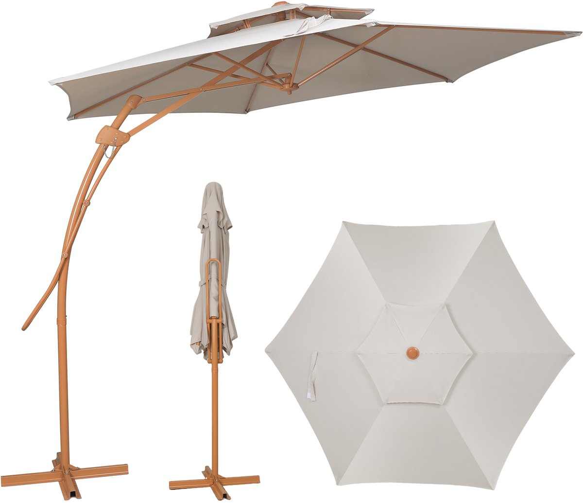 Puloumis - Zweefparasol - Ø290 cm – UV werend doek - Incl. kruisvoet – Paraplu met dubbele laag - Aluminium - Beige