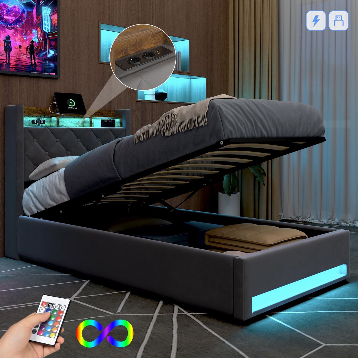 DESMIU Gestoffeerd Bed 90x200cm Zonder Matras - Led Verlichting En Usb Oplaadpunt - Opbergruimte In Hoofdbord En Onder Bed - Grijs Fluweel