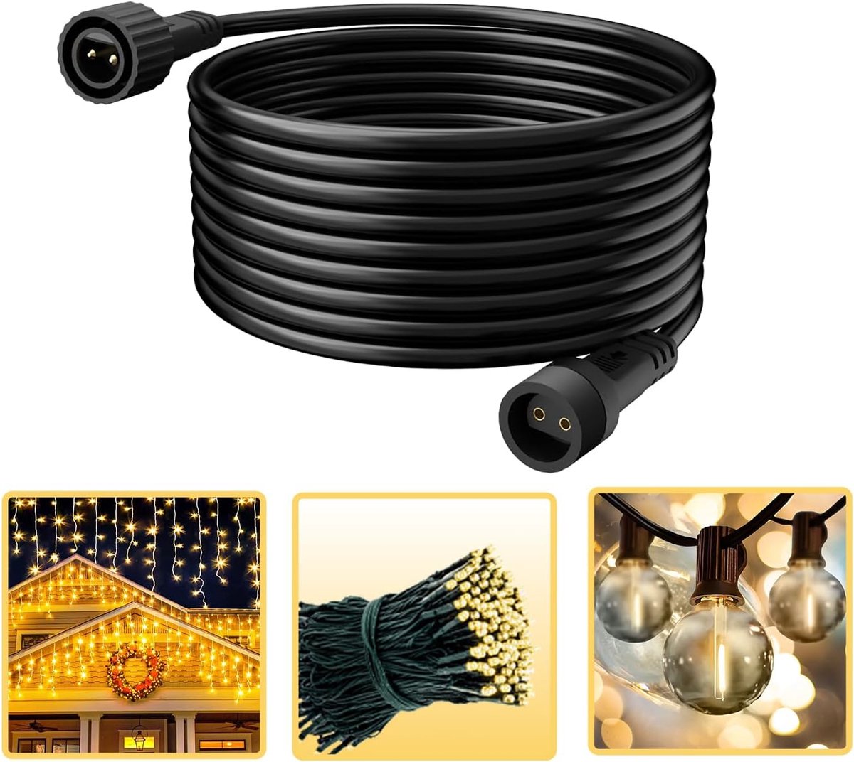 SnelShoppen - Fairy Lights Extension Kabel 10 m - 2-Pole Buitenverlichting Uitbreidingskabel - IP65 Waterdicht Zwart - Perfect voor G40 Globe Lights,