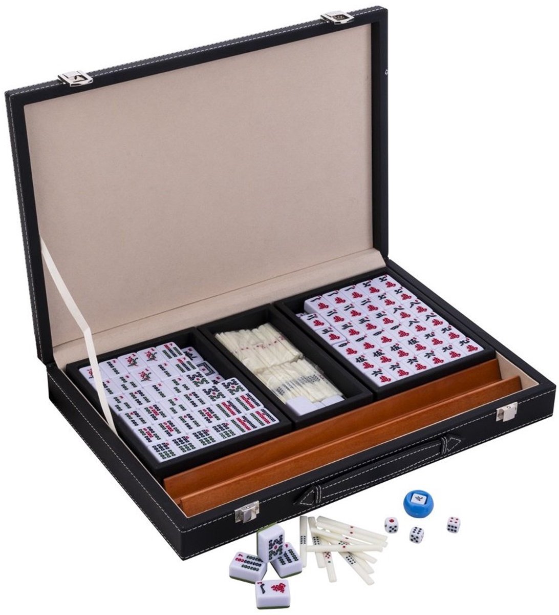 Mah Jong Set 144 Stenen - Luxe Faux Leren Koffer - Compleet voor 4 Spelers - Bamboe, Karakters, Cirkels, Winden, Draken - Engelhart