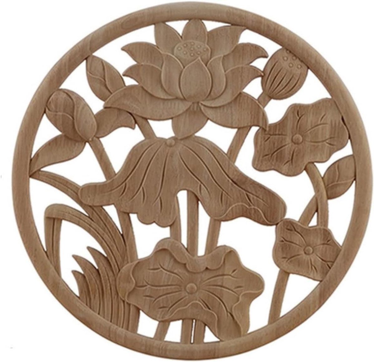 Houten Applique - Houtsnijwerk Bloem - Meubel Decoratie - Handgemaakt Rubberhout - 12x12cm - Onbehandeld