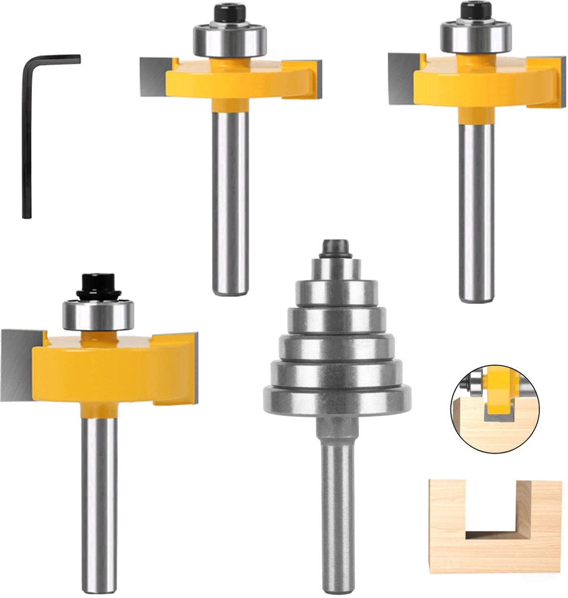 SnelShoppen - 3-delige Freesbeitel Set 8 mm Schacht, Houtbewerking Frees, Tungsten Staal, 6 Verstelbare Lager, Groef- en Veerfrezen voor Precisie Hout
