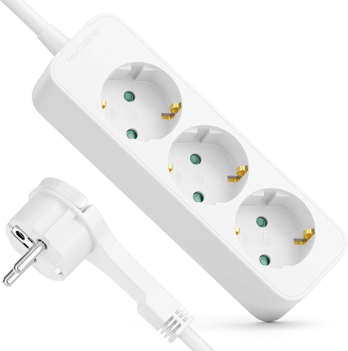SnelShoppen - 3-Weg Stopcontact met Platte Stekker - 3m Kabel - Ideaal voor Achter Meubels, Meerdere Apparaten, 3680W 16A, Wit