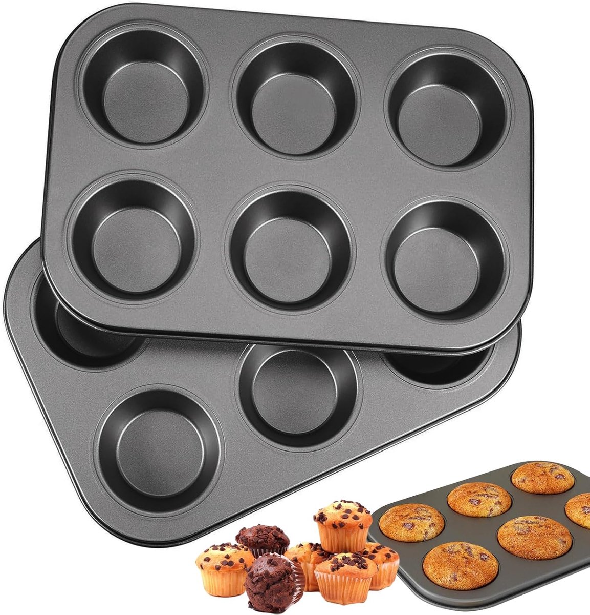 SnelShoppen - 2 Stuks Muffin Mallen - Carbon Staal - Antiaanbaklaag - Grote Muffin Tray voor 6 Muffins - 26 x 18 x 3 cm - Geschikt voor Cupcakes, Brow