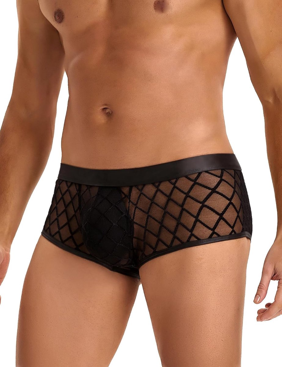 SnelShoppen - Sexy boxershorts heren mesh elastische tailleband grote maat transparant ruitpatroon kunstleer hipster-boxershorts voor feest en dagelij