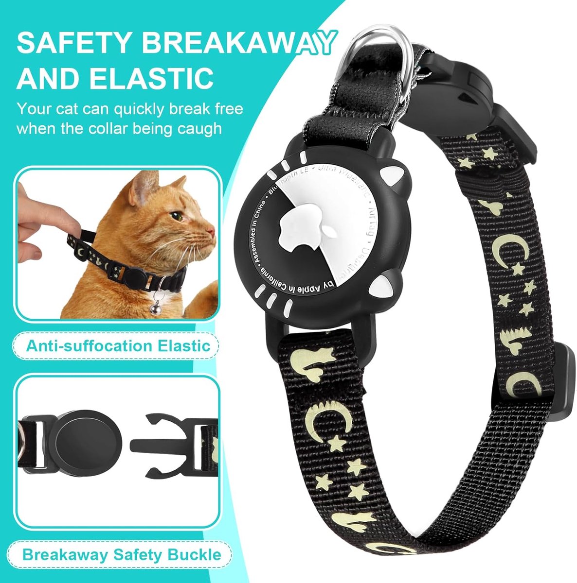 SnelShoppen - Cat Collar met Airtag Houder, Reflecterende Kattenhalsband, Breekbare Veiligheidsband met Bel, Pet Tracker voor Kittens en Puppy’s, Zwar