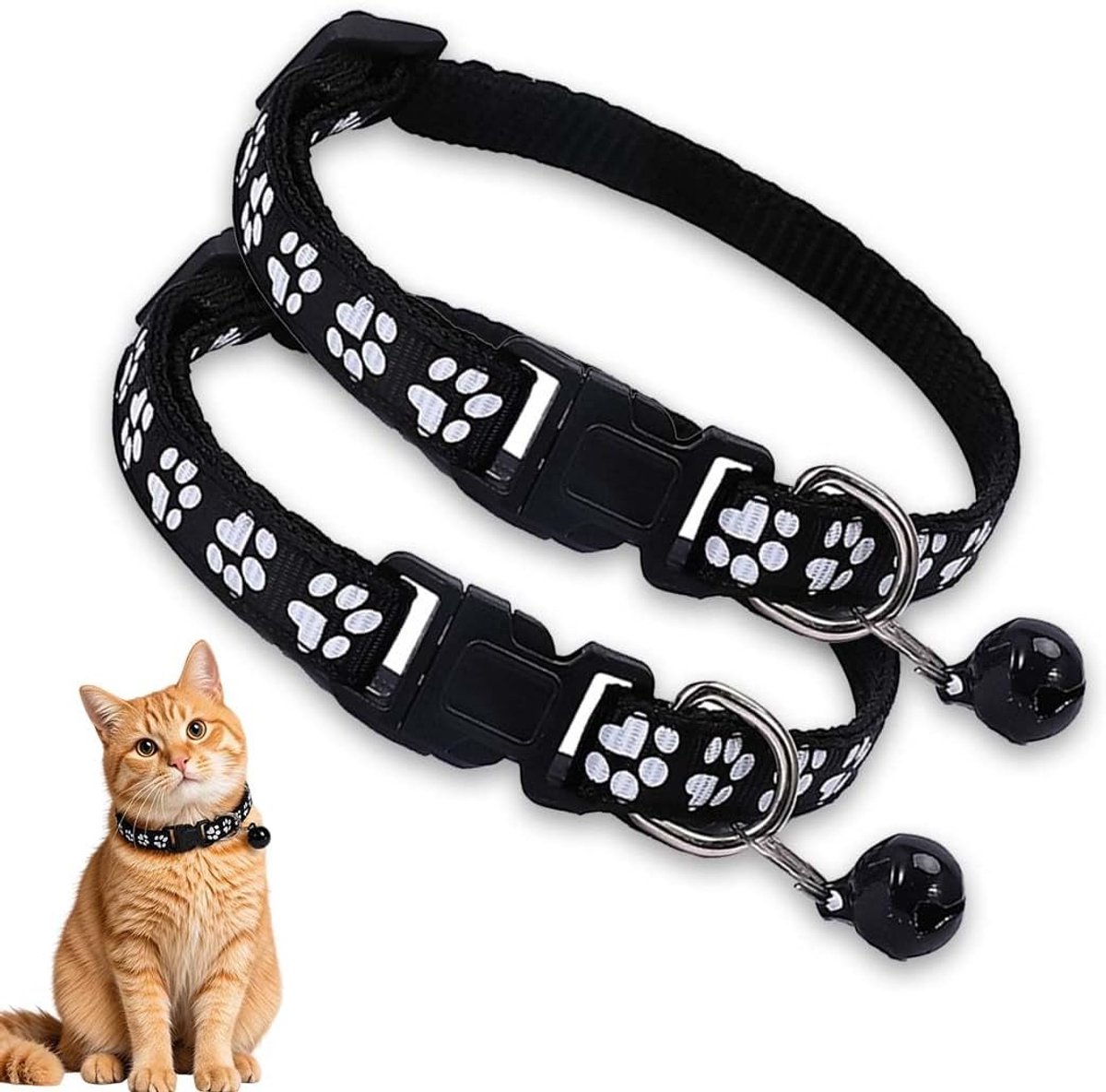 SnelShoppen - Gepersonaliseerde Kattenhalsband 2 Stuks Zwart met Belletjes, Veiligheidsgesp, Verstelbaar van 19-32 cm, Pootafdruk Ontwerp, Maat S