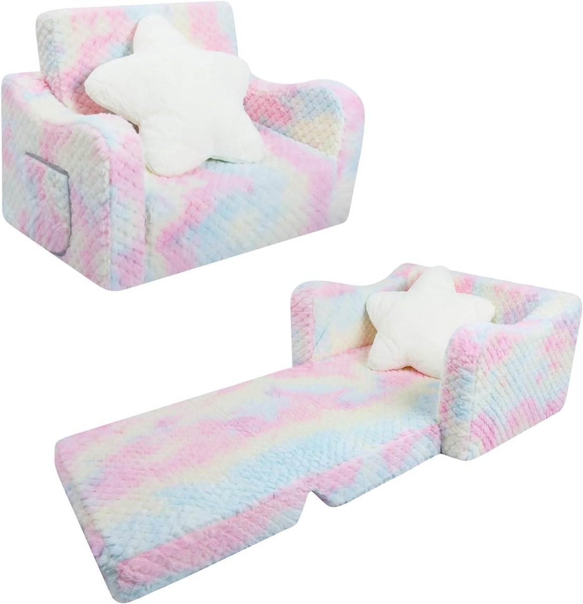 SnelShoppen - Kinderbank Uitklapbaar met Sterrenkussen, 2-in-1 Slaapbank en Kinderstoel voor Meisjes, Pluche Roze Geometrisch voor Slaapkamer en Speel