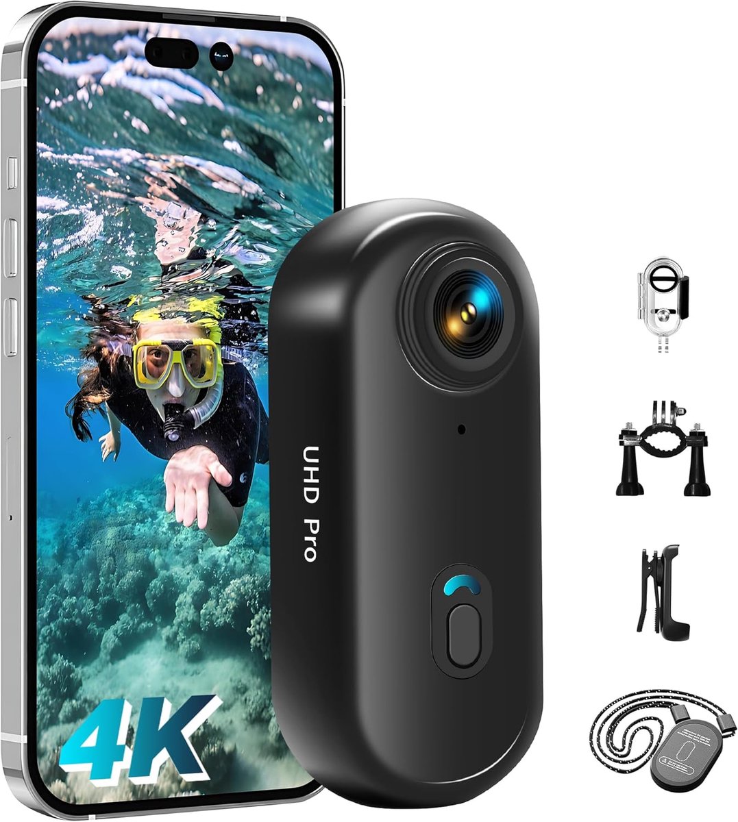 SnelShoppen - Action Cam WiFi 4K mini-onderwatercamera, waterdicht tot 30 m, 360 graden helmcamera voor fiets, handsfree POV, bodycam, actiecamera, kl