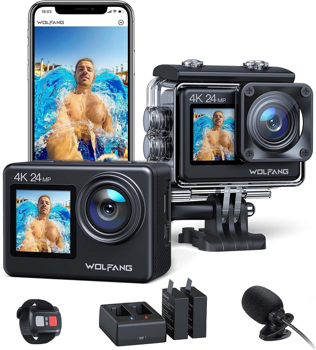 SnelShoppen - Actie Camera 4K 24MP, WiFi Videocamera, Onderwatercamera 40M Waterdicht, 170° Groothoek, Verbeterde IS Afstandsbediening, 2x 1050 mAh Ba