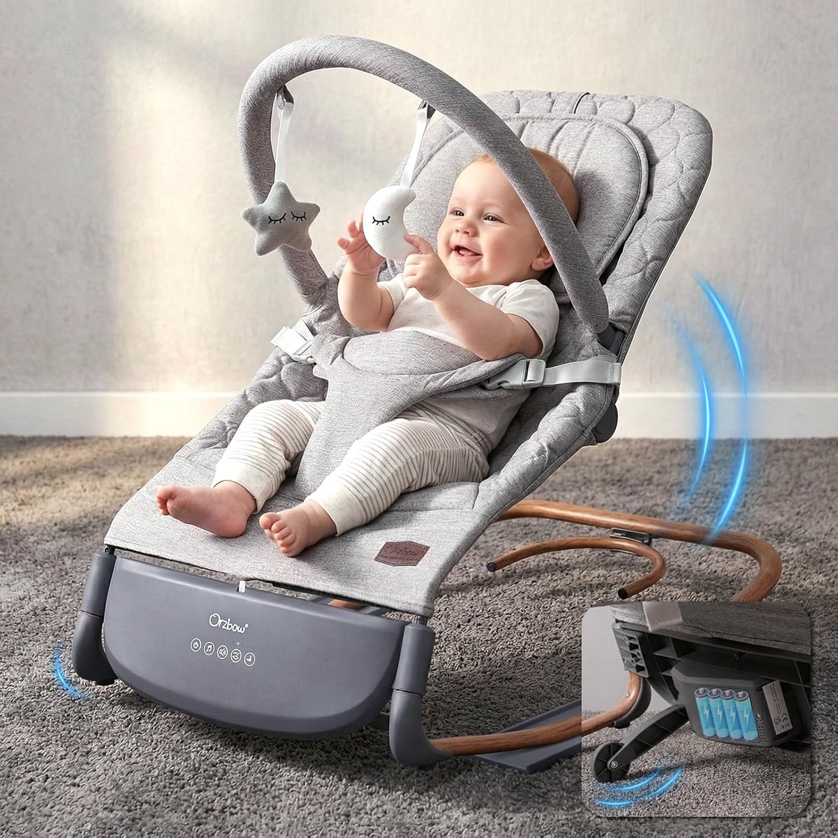 SnelShoppen - Elektrische Babywip, Ergonomische Babyschommel met Klopsensor, 3 Trillingssnelheden, Touchpaneel, 2 Timers (30/60 min), 8 Slaapliedjes,