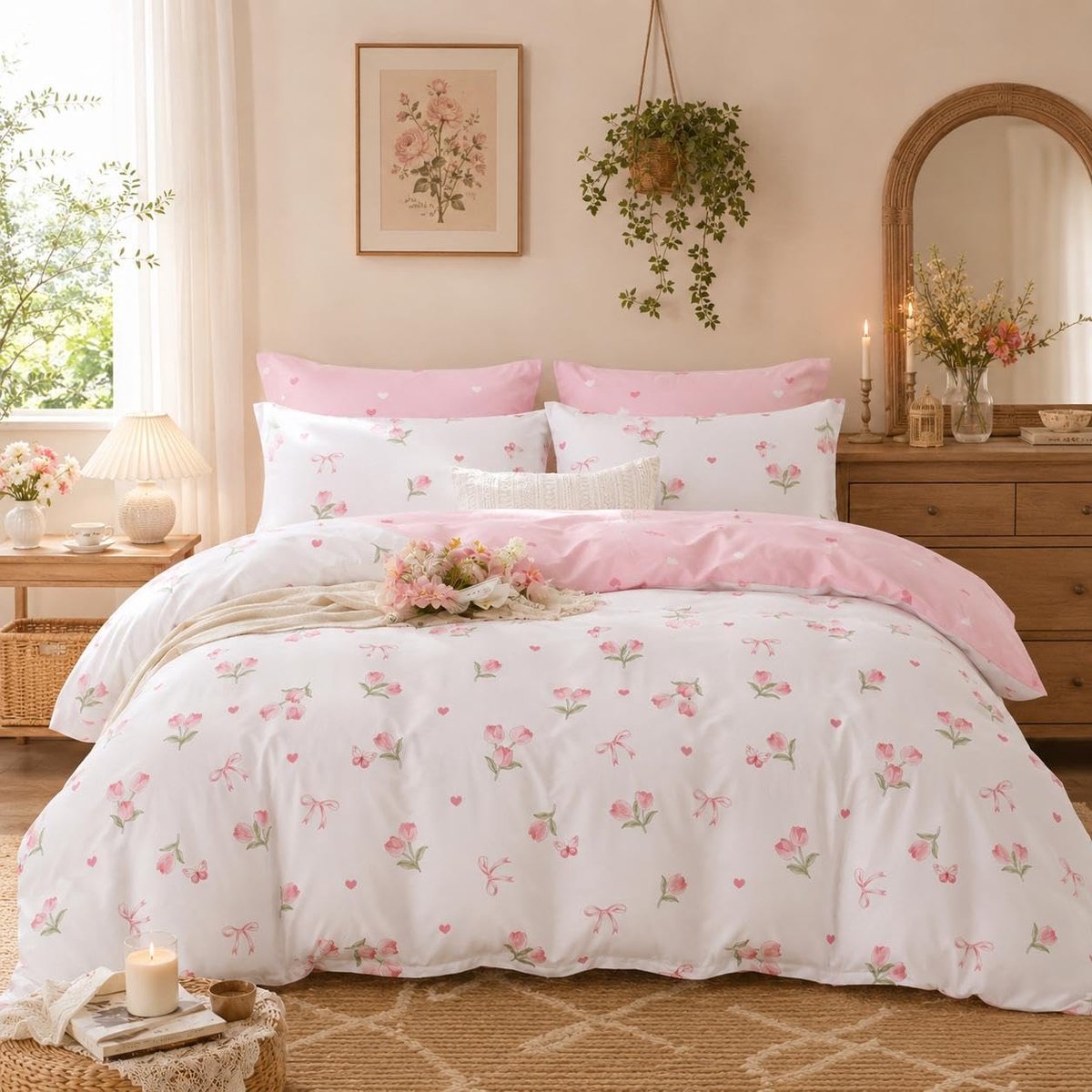 SnelShoppen - Omkeerbaar Beddengoedset 135x200 cm Roze-Wit Met Bloemen en Hartjes, Dekbedovertrek Met Ritssluiting en 1 Kussensloop 80x80 cm, ÖkoTex K