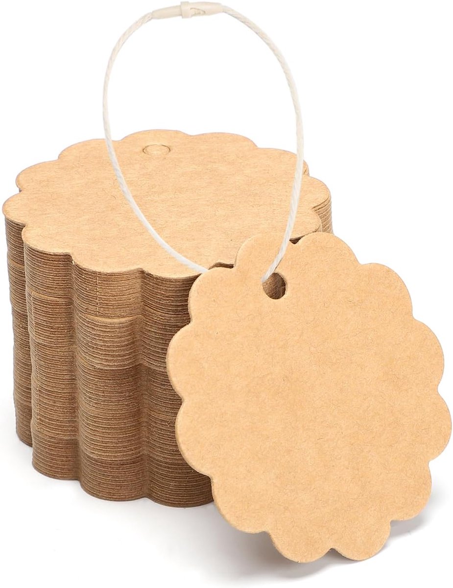 SnelShoppen - 200 Stuks Kraftpapieren Hanglabels 6CM Bruin Cadeaulabels met Bloemenpatroon | 350GSM Etiketten voor Cadeauverpakkingen, Bedankjes, Fees