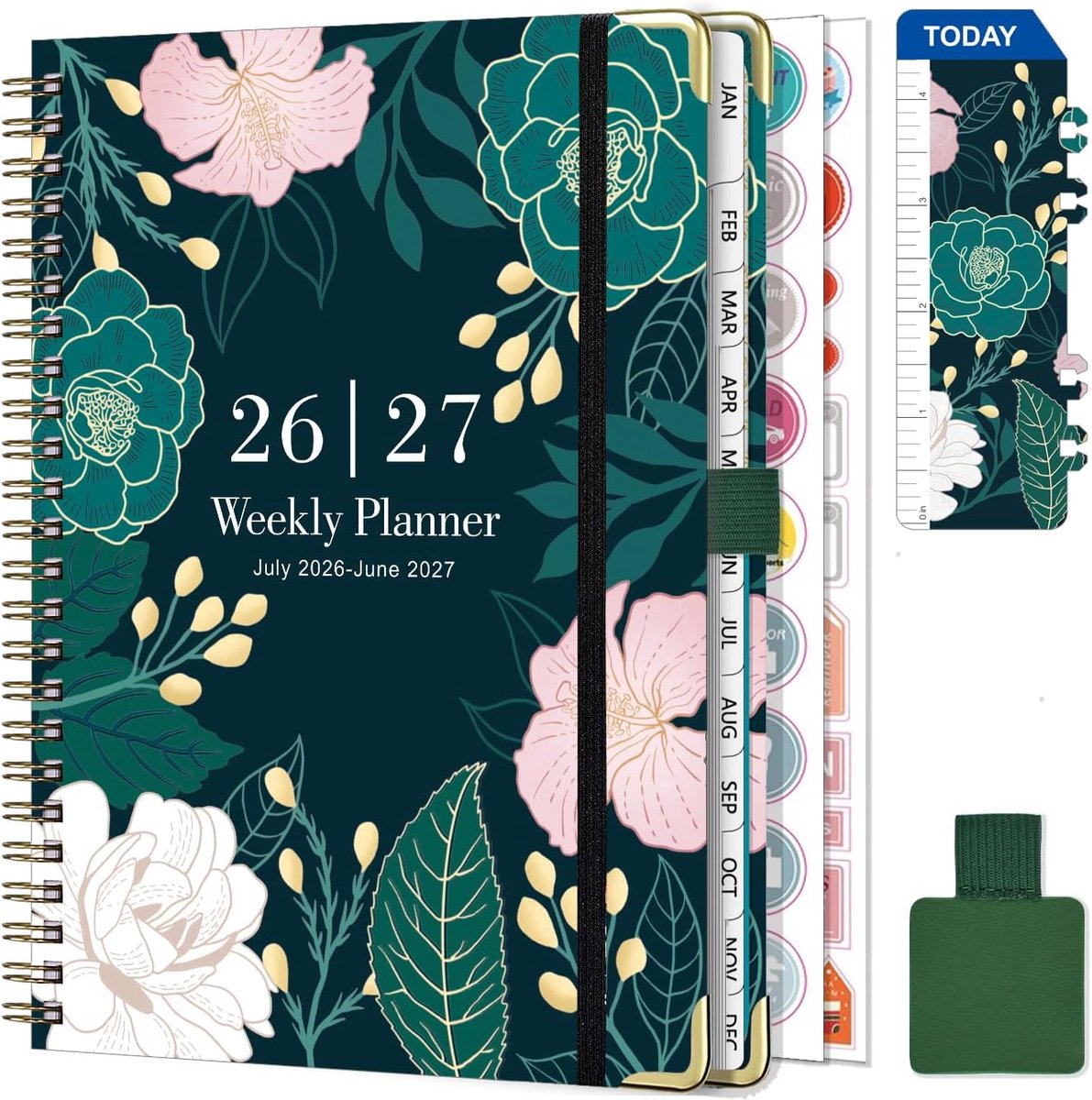 Thijox - Gumiho Weekplanner 2026/2027 A5 Spiraal Kalender met Penring, Bladwijzer en Stickers - Donkergroen, Harde Kunststof, Voor School en Werk