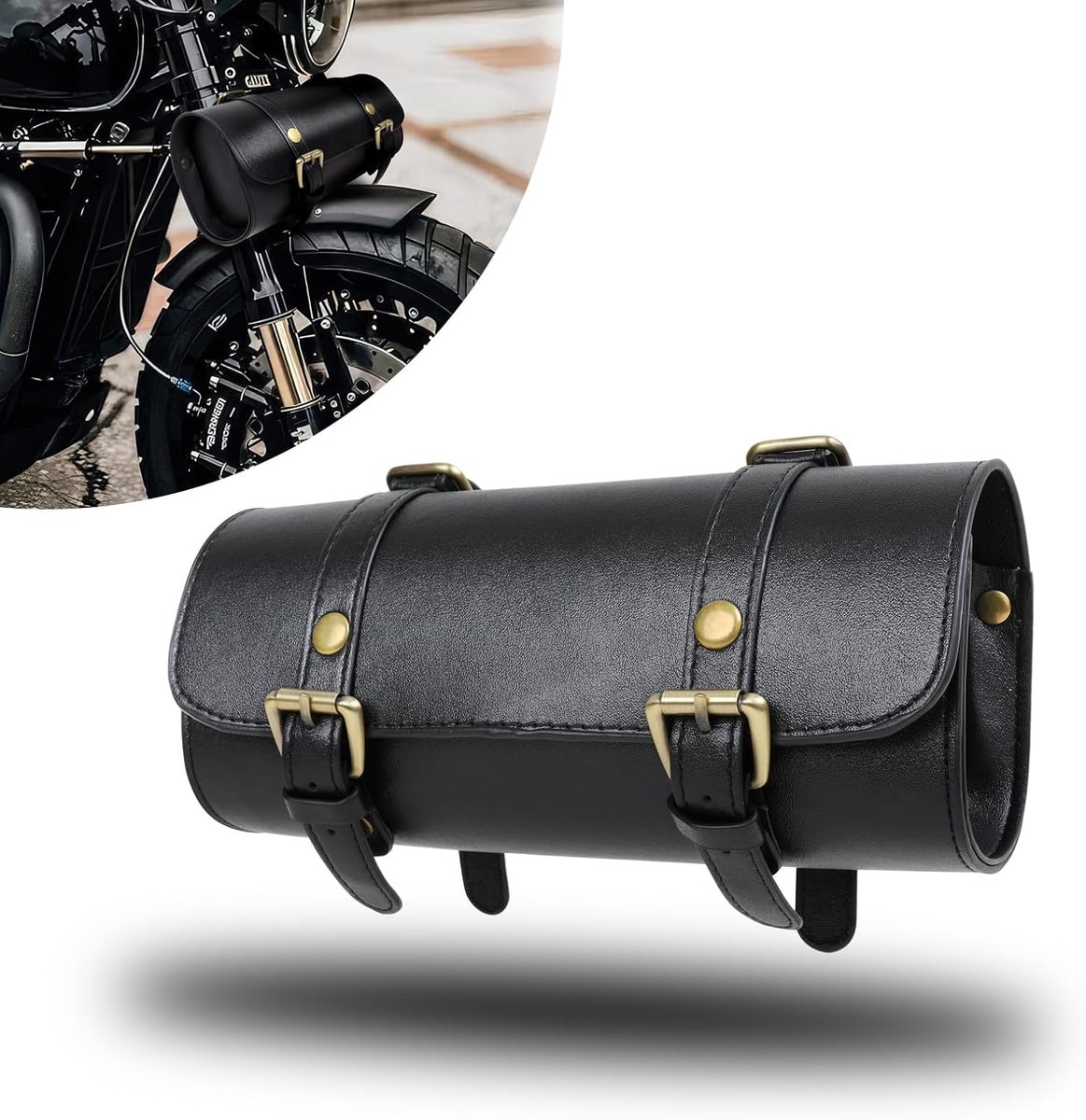 SnelShoppen - Universele Motorfiets Gereedschapstas - Waterdicht PU-leer, Zwart, 22,5x10,4 cm - Voorvork, Stuur, Sissy Bar, Bagagedrager - Verstelbare