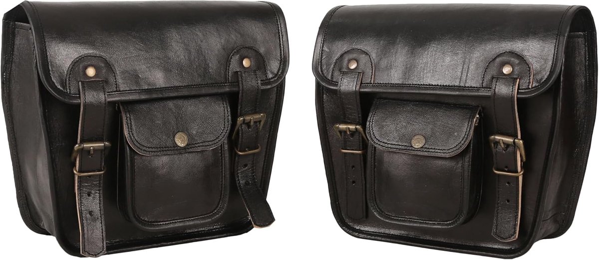 SnelShoppen - American Blue Set van 2 Motortassen van Echt Leer, Vintage Zadeltas en Fietstas, Zwart voor Fietsliefhebbers, Eenvoudige Installatie en