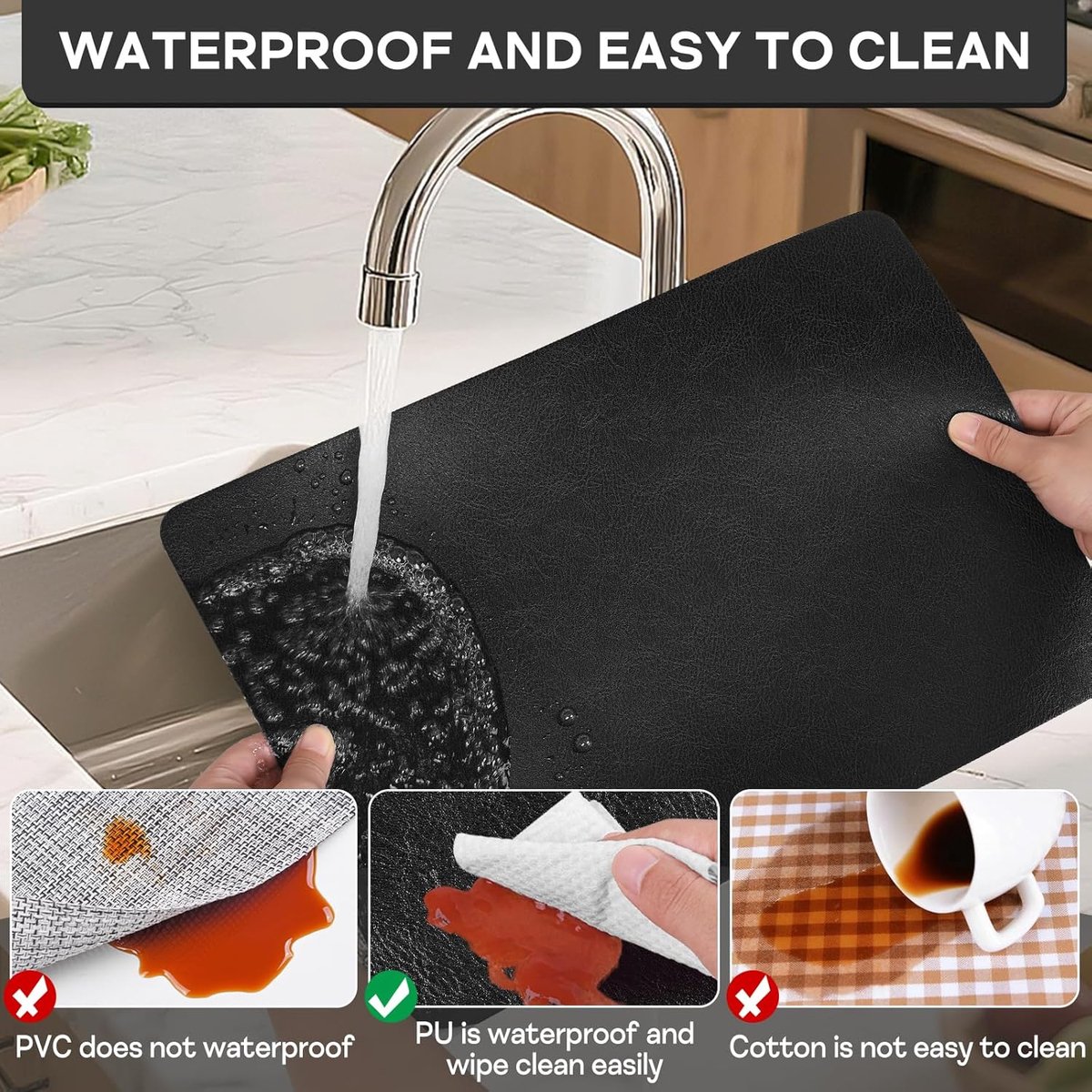 SnelShoppen - Set van 6 Vinyl Kunstleer Tafelmatten - Hittebestendige en Afveegbare Placemat voor Keuken, Eetkamer, Restaurant - 43 x 30 cm - Zwart