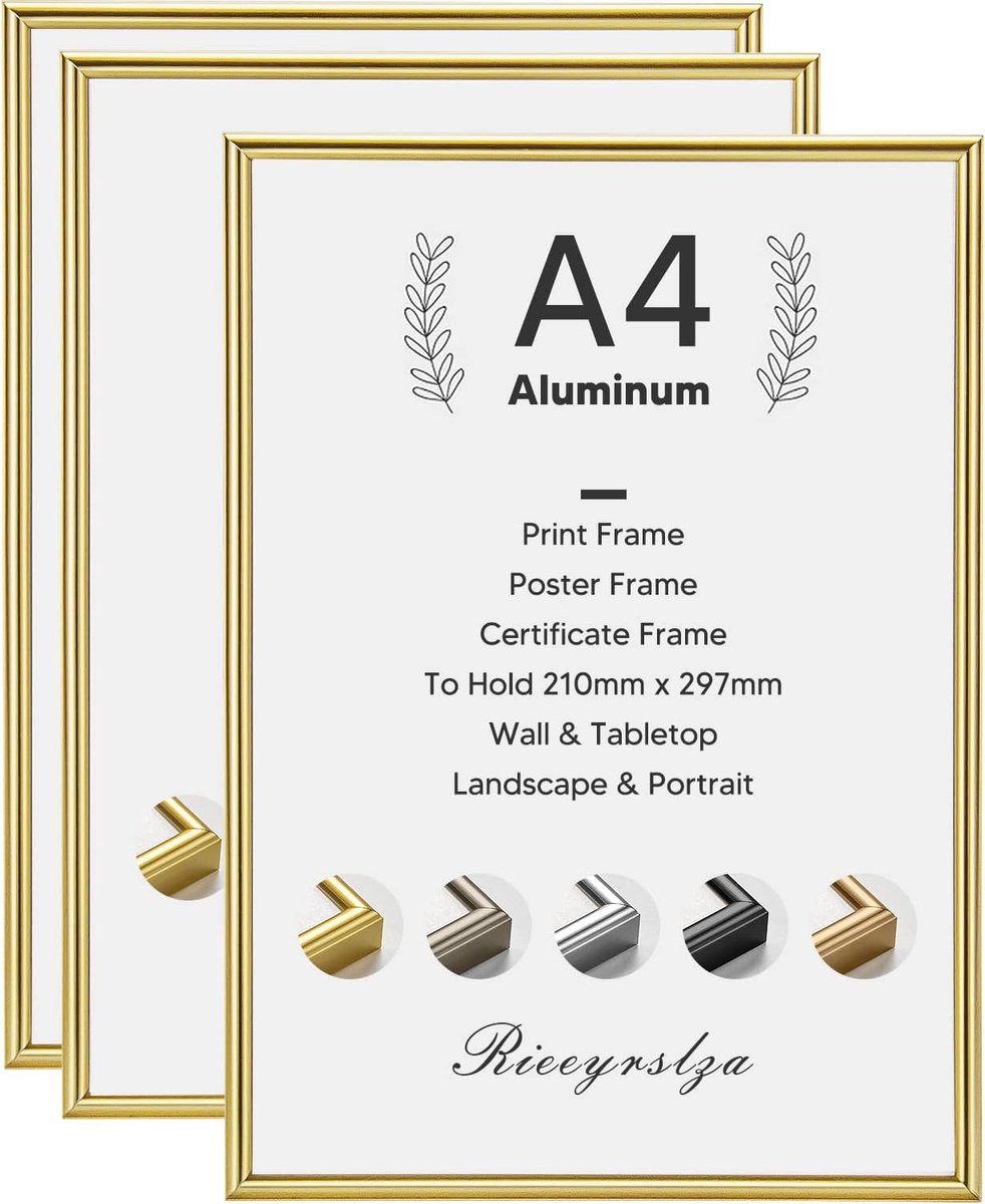 SnelShoppen - Set van 3 A4 Fotolijsten Aluminium met Transparante Deflectorfolie - Gouden Lijsten voor Diploma's, Certificaten en Decoratieve Foto's -