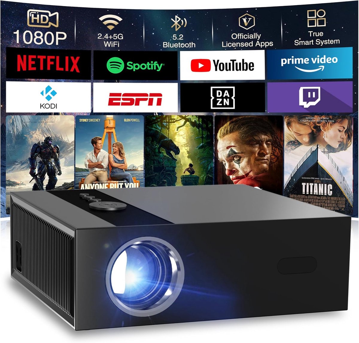 SnelShoppen - 4K Projector met Google TV, Native 1080p, 8K Ondersteuning, AI Beeldverbetering, Autofocus, Slimme Projector met Automatische Keystone-C